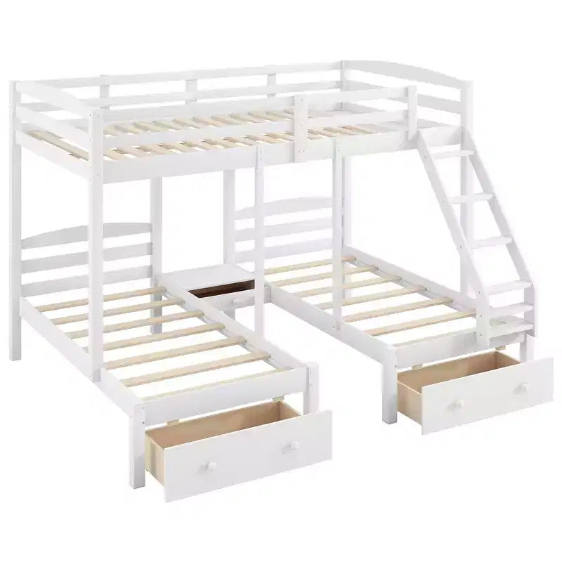 Whisen lit superposé triple, lit superposé Full sur Twin et Twin avec cadre en pin massif, tiroirs de rangement, étagères et garde-corps de sécurité - blanc