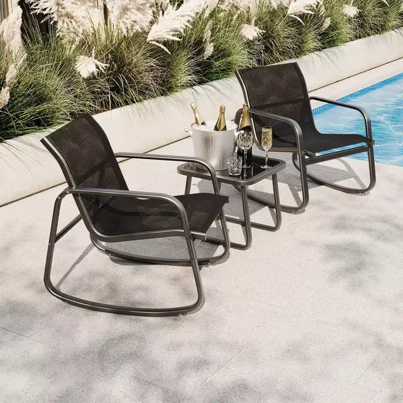 Ensemble bistro à bascule d'extérieur 3 pièces avec table d'appoint, ensemble de conversation de terrasse avec 2 chaises à bascule en maille respirante, mobilier de porche tout temps