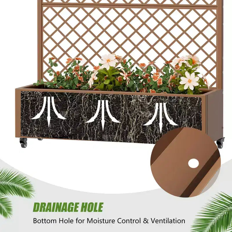 Jardinière en métal avec treillis brise-vue et bac de culture surélevé, jardinière brise-vue autoportante avec roulettes verrouillables, jardinière mobile extérieure et intérieure