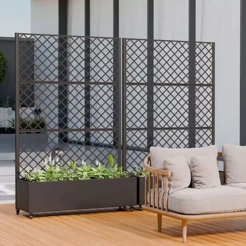 Jardinière en métal avec treillis brise-vue et bac de culture surélevé, jardinière brise-vue autoportante avec roulettes verrouillables, jardinière mobile extérieure et intérieure