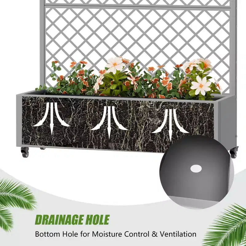 Jardinière en métal avec treillis brise-vue et bac de culture surélevé, jardinière brise-vue autoportante avec roulettes verrouillables, jardinière mobile extérieure et intérieure