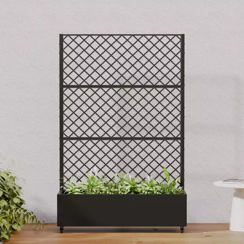 Metal Privacy Screen Trellis Planter with Raised Garden Bed Freestanding Privacy Screen Planter with Lockable Wheels Movable Outdoor Indoor Planter