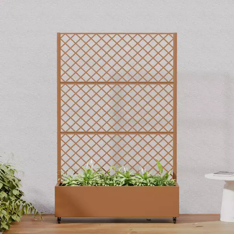 Jardinière en métal avec treillis brise-vue et bac de culture surélevé, jardinière brise-vue autoportante avec roulettes verrouillables, jardinière mobile extérieure et intérieure
