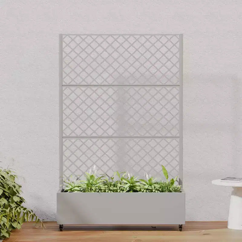 Jardinière en métal avec treillis brise-vue et bac de culture surélevé, jardinière brise-vue autoportante avec roulettes verrouillables, jardinière mobile extérieure et intérieure