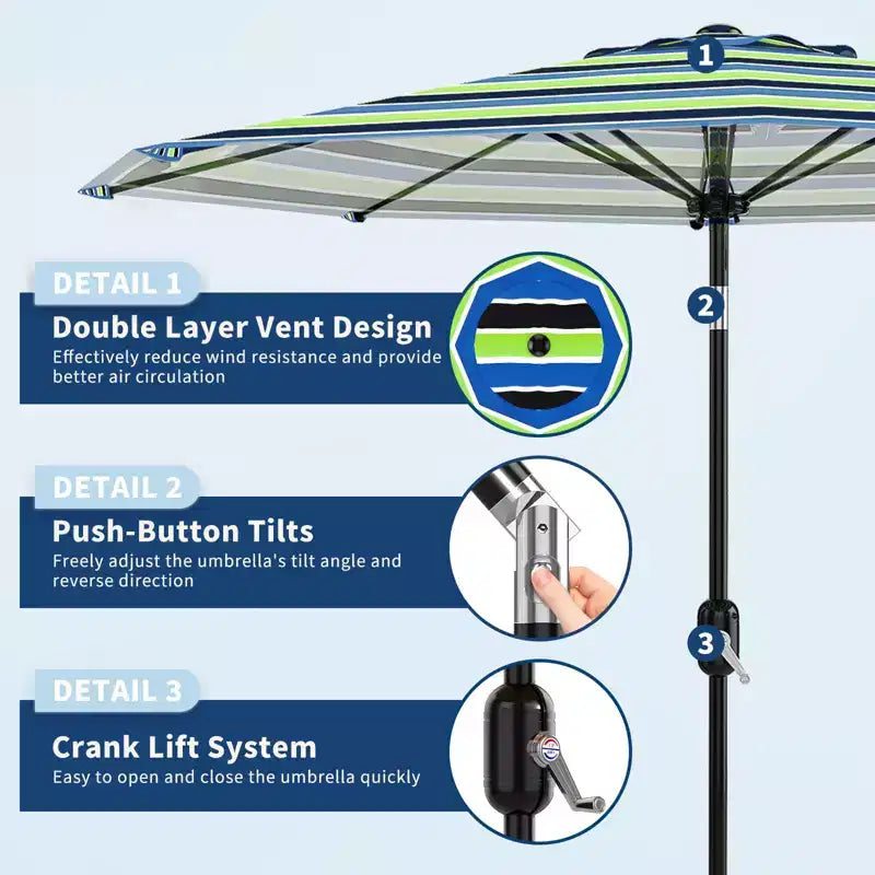 Parasol de terrasse 3m - Parasol de marché anti-UV/étanche avec 8 baleines et manivelle inclinable pour piscine, terrasse et jardin