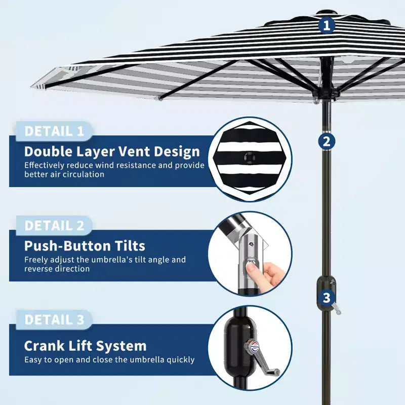 Parasol de terrasse 3m - Parasol de marché anti-UV/étanche avec 8 baleines et manivelle inclinable pour piscine, terrasse et jardin