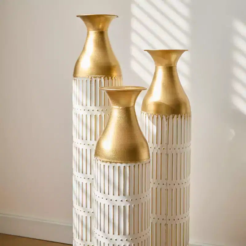 NAYSAYE Lot de 3 grands vases de sol émaillés, finition métallique sophistiquée pour une décoration intérieure moderne et des accents intérieurs époustouflants, PU blanc, 20.68*6*35.89
