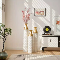 NAYSAYE Lot de 3 grands vases de sol émaillés, finition métallique raffinée pour décoration intérieure moderne et accents superbes, PU blanc, 20,68*6*35,89