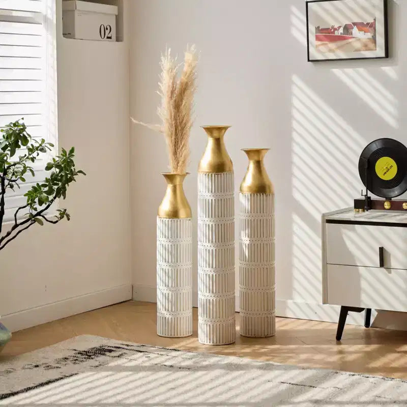 NAYSAYE Lot de 3 grands vases de sol émaillés, finition métallique raffinée pour décoration intérieure moderne et accents superbes, PU blanc, 20,68*6*35,89