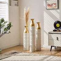 NAYSAYE Lot de 3 grands vases de sol émaillés, finition métallique raffinée pour décoration intérieure moderne et accents superbes, PU blanc, 20,68*6*35,89