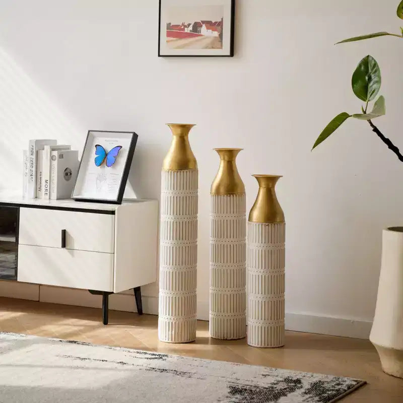 NAYSAYE Lot de 3 grands vases de sol émaillés, finition métallique raffinée pour décoration intérieure moderne et accents superbes, PU blanc, 20,68*6*35,89