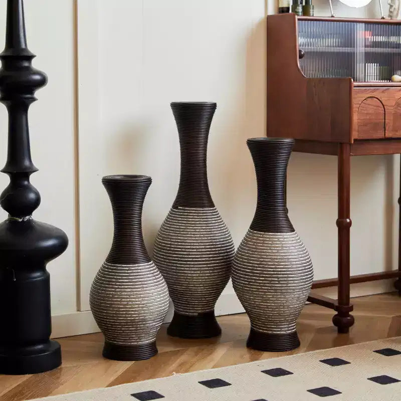 NAYSAYE Lot de 3 vases tissés à la main, élégants décorations de table et sur pied pour un style intérieur classique et moderne, marron et blanc, 22.16*10.51*29.86