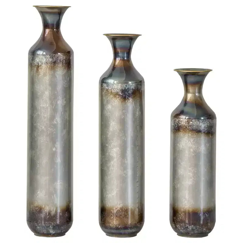 NAYSAYE Lot de 3 vases de sol en métal en forme de goutte, vases décoratifs émaillés modernes pour une décoration intérieure élégante, or et blanc, 21,25*7,8*30,9