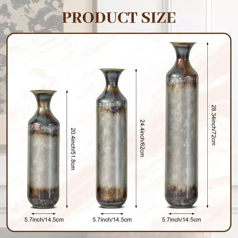 NAYSAYE Lot de 3 vases de sol en métal en forme de goutte, vases décoratifs émaillés modernes pour une décoration intérieure élégante, or et blanc, 21,25*7,8*30,9
