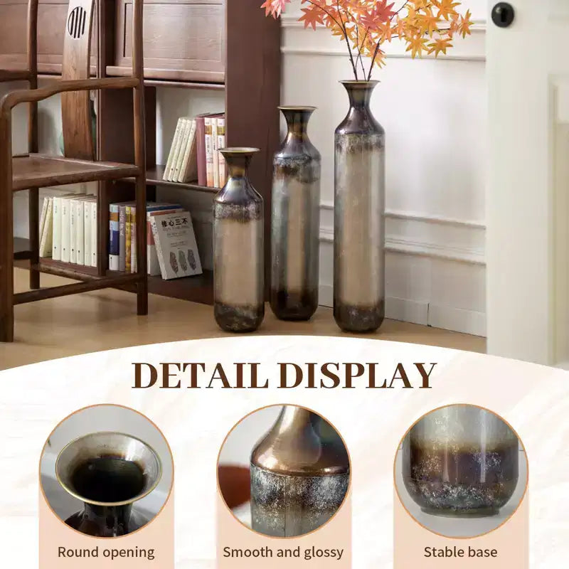 NAYSAYE Lot de 3 vases de sol en métal en forme de goutte, vases décoratifs modernes émaillés pour une décoration intérieure élégante, or et blanc, 21.25*7.8*30.9