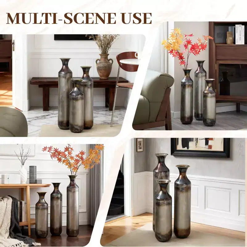 NAYSAYE Lot de 3 vases de sol en métal en forme de goutte, vases décoratifs émaillés modernes pour une décoration intérieure élégante, or et blanc, 21,25*7,8*30,9