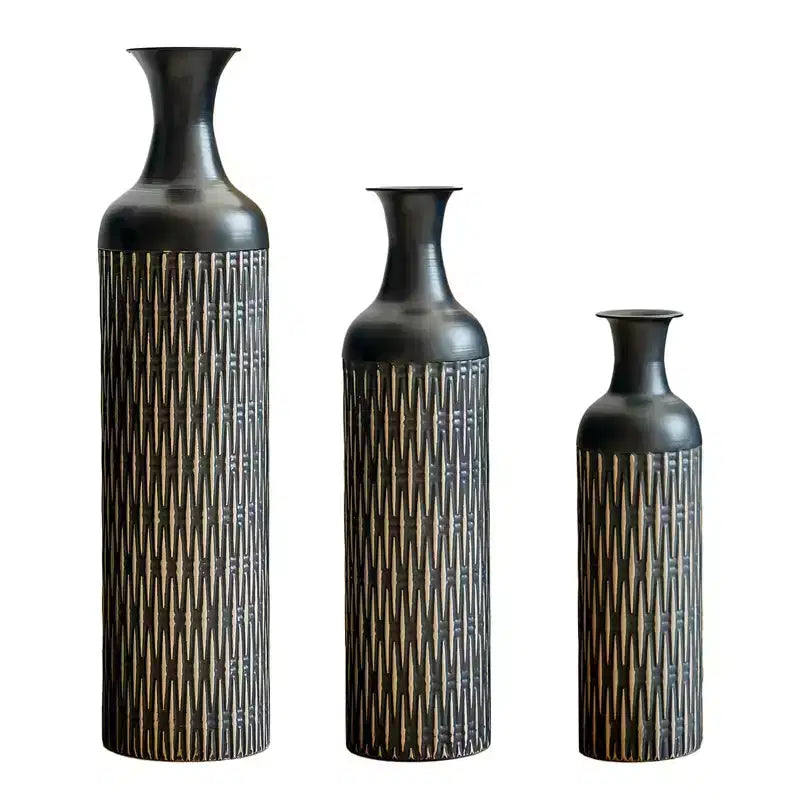 NAYSAYE Vases décoratifs en métal, lot de 3, grands vases de sol à motif texturé pour décoration moderne de salon, Noir, 36,2*9,64*9,64