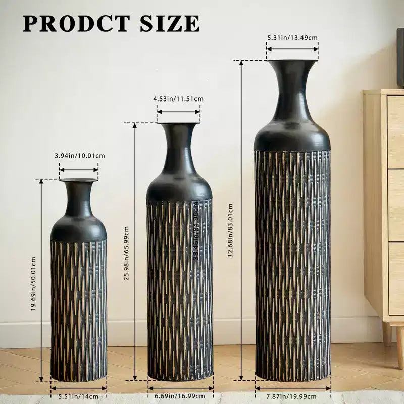 NAYSAYE Vases décoratifs en métal, lot de 3, grands vases de sol à motif texturé pour décoration moderne de salon, Noir, 36,2*9,64*9,64