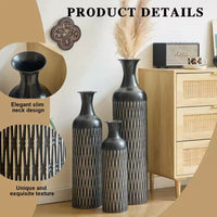 NAYSAYE Vases décoratifs en métal, lot de 3, grands vases de sol à motif texturé pour décoration moderne de salon, Noir, 36,2*9,64*9,64
