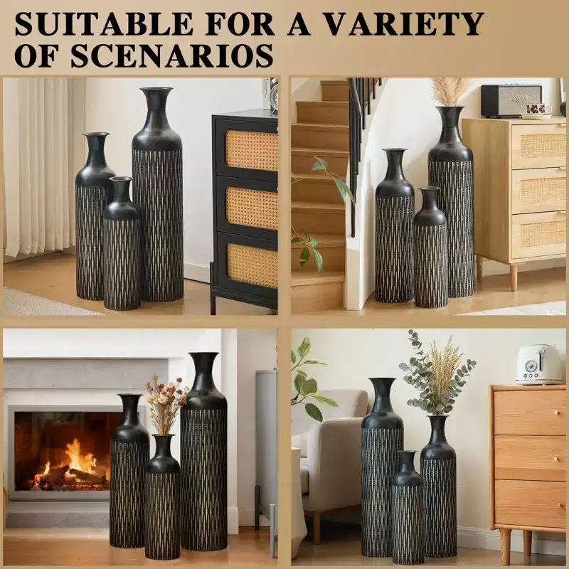 NAYSAYE Lot de 3 vases décoratifs en métal, grands vases de sol avec motif texturé pour la décoration moderne du salon, Noir, 36,2 x 9,64 x 9,64