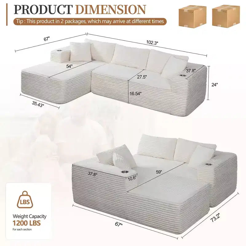 Celebalcony 103 canapé sectionnel modulaire sans os, chaise longue en L avec 2 porte-gobelets, canapés nuage en velours côtelé moelleux pour salon, sans assemblage
