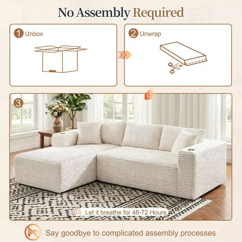 Celebalcony 103 canapé sectionnel modulaire sans os, chaise longue en L avec 2 porte-gobelets, canapés nuage en velours côtelé moelleux pour salon, sans assemblage