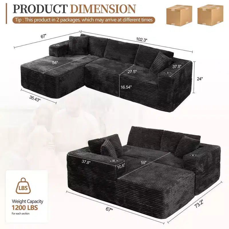 Celebalcony 103 canapé sectionnel modulaire sans os, chaise longue en L avec 2 porte-gobelets, canapés nuage en velours côtelé moelleux pour salon, sans assemblage