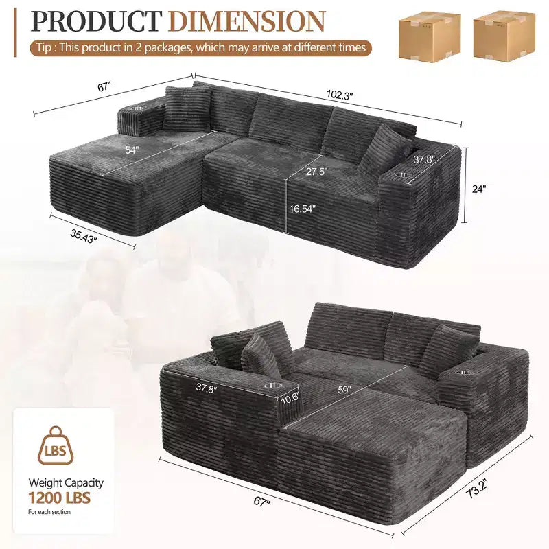 Celebalcony 103 canapé sectionnel modulaire sans os, chaise longue en L avec 2 porte-gobelets, canapés nuage en velours côtelé moelleux pour salon, sans assemblage
