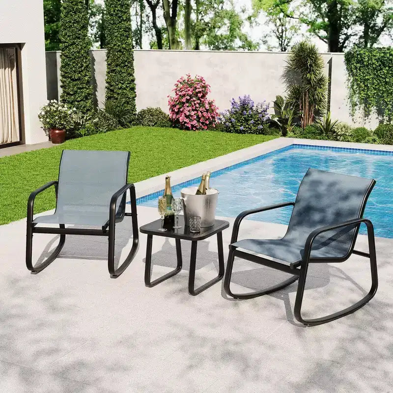 Ensemble bistrot à bascule 3 pièces pour extérieur, mobilier de jardin avec 2 chaises en textilène respirant et table basse pour petit balcon, terrasse et bord de piscine