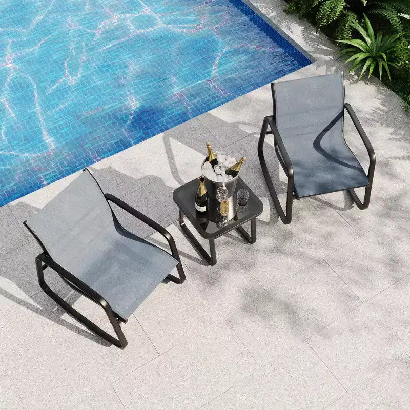 Ensemble bistrot à bascule 3 pièces pour extérieur, mobilier de jardin avec 2 chaises en textilène respirant et table basse pour petit balcon, terrasse et bord de piscine
