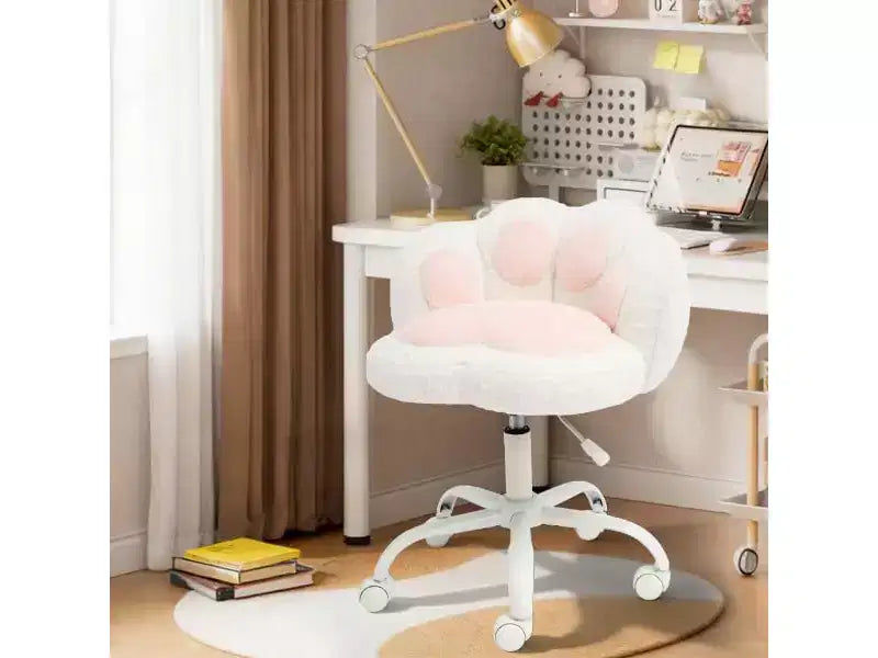 Chaise de coiffeuse avec dossier en forme de chat, chaise pivotante réglable en hauteur, jolie chaise de bureau à roulettes en tissu nounours pour chambre à coucher ou bureau