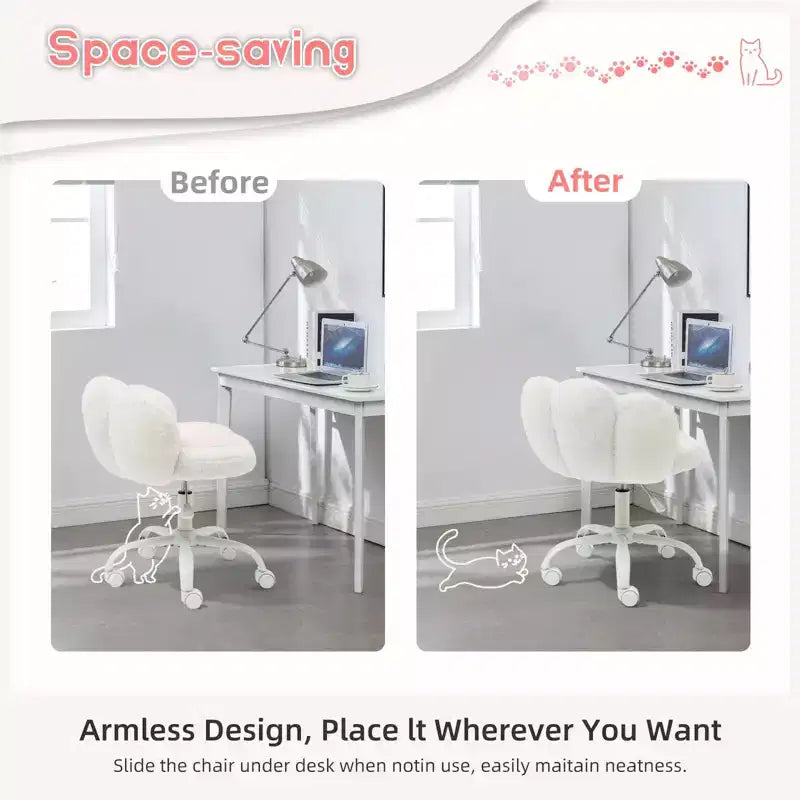 Chaise de coiffeuse avec dossier en forme de chat, chaise pivotante réglable en hauteur, jolie chaise de bureau à roulettes en tissu nounours pour chambre à coucher ou bureau