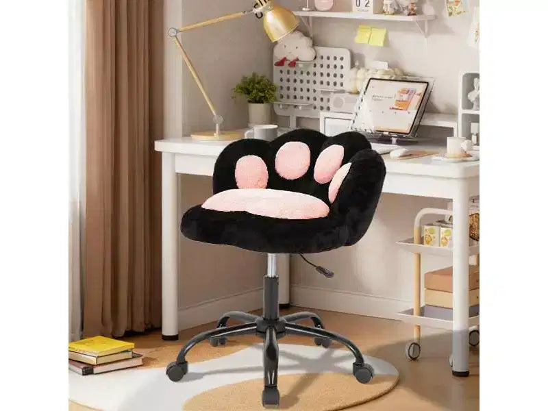 Chaise de coiffeuse avec dossier en forme de chat, chaise pivotante réglable en hauteur, jolie chaise de bureau à roulettes en tissu nounours pour chambre à coucher ou bureau