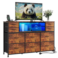 Commode de rangement à 10 tiroirs avec support TV, bande lumineuse LED et prises électriques, commode en tissu avec plateau en bois, meuble TV pour téléviseur de 55 pouces, commode de rangement