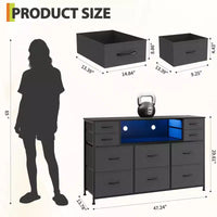 Commode de rangement à 10 tiroirs avec support TV, bande lumineuse LED et prises électriques, commode en tissu avec plateau en bois, meuble TV pour téléviseur de 55 pouces, commode de rangement