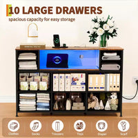 Commode de rangement à 10 tiroirs avec support TV, bande lumineuse LED et prises électriques, commode en tissu avec plateau en bois, meuble TV pour téléviseur de 55 pouces, commode de rangement