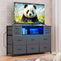 Commode de rangement à 10 tiroirs avec support TV, bande lumineuse LED et prises électriques, commode en tissu avec plateau en bois, meuble TV pour téléviseur de 55 pouces, commode de rangement