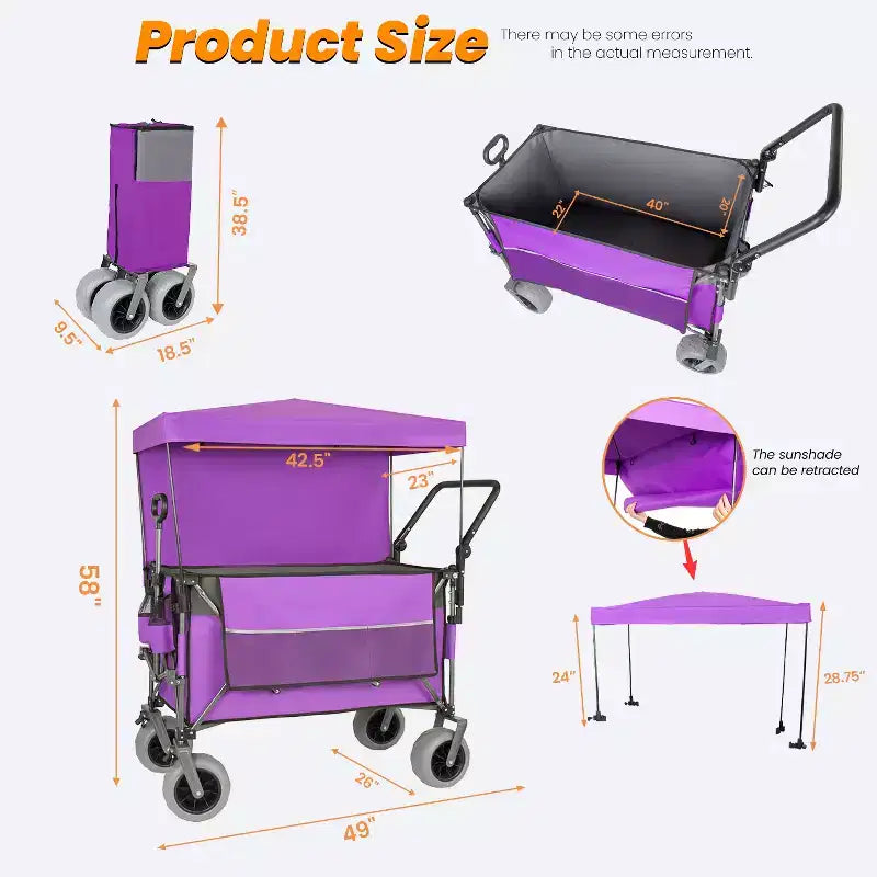 Chariot multifonctionnel Push-Pull avec auvent et pneus de plage 9x4, poignée rotative, capacité de 217 kg et 300 L