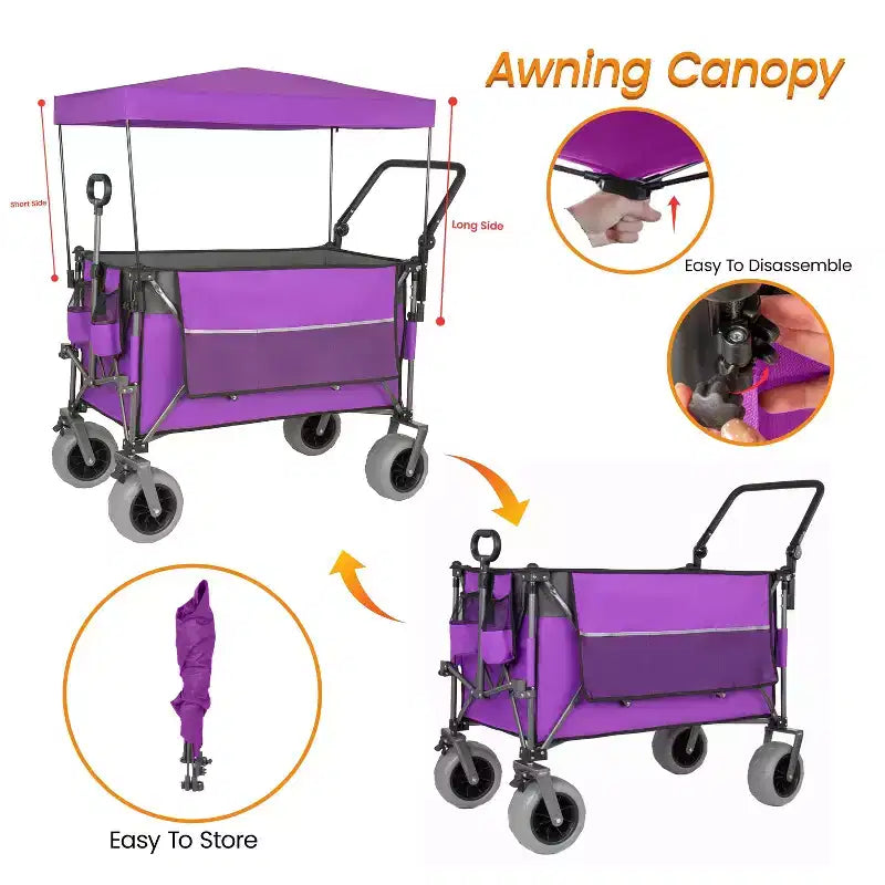Chariot multifonctionnel Push-Pull avec auvent et pneus de plage 9x4, poignée rotative, capacité de 217 kg et 300 L