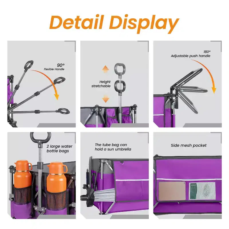 Chariot multifonctionnel Push-Pull avec auvent et pneus de plage 9x4, poignée rotative, capacité de 217 kg et 300 L