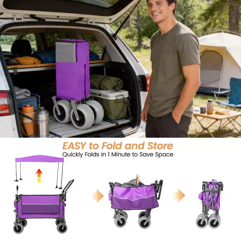 Chariot multifonctionnel Push-Pull avec auvent et pneus de plage 9x4, poignée rotative, capacité de 217 kg et 300 L