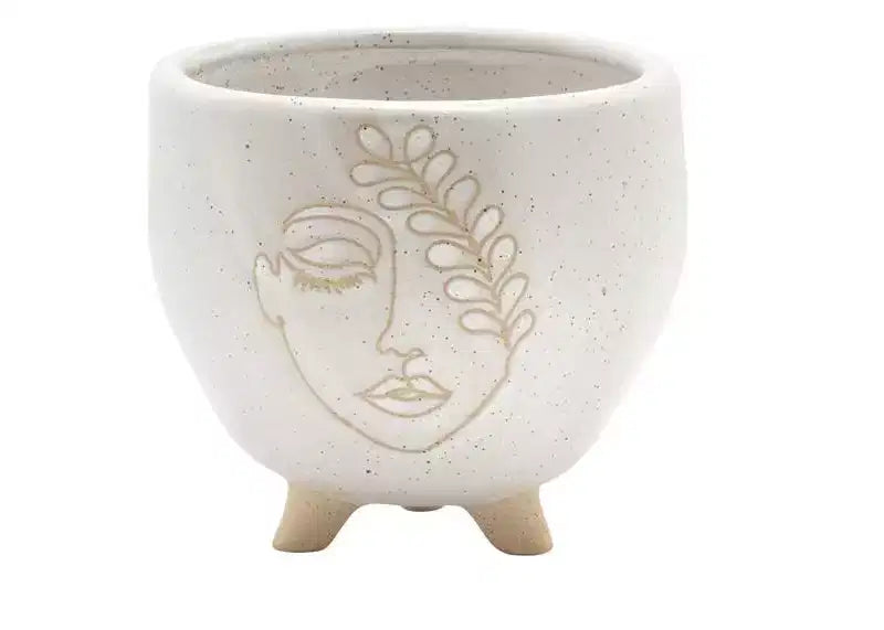 Pot de fleurs sur pieds en céramique ivoire Napco avec visage en relief 3,5 x 4 po