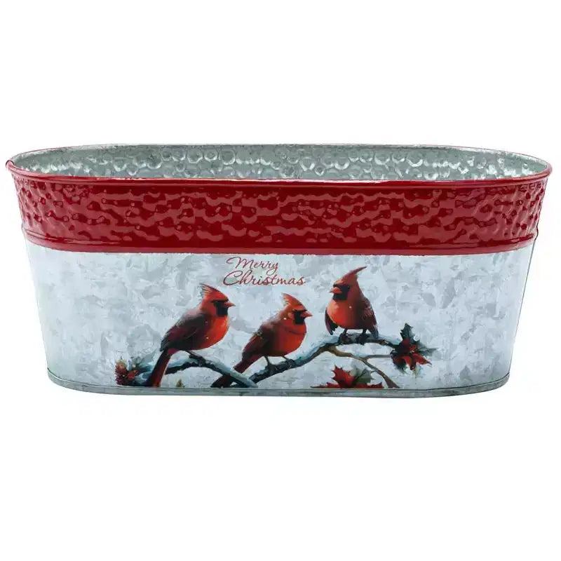Napco Double jardinière rustique en métal Merry Christmas avec cardinaux et rebord rouge en creux, décor festif de Noël et des fêtes