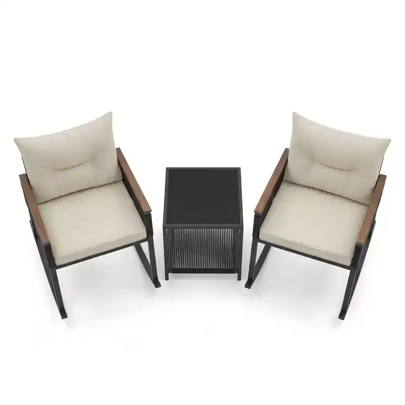 Gymax Ensemble de bistrot basculant d'extérieur 3 pièces avec table basse en verre trempé à 2 niveaux et coussins pour patio et jardin