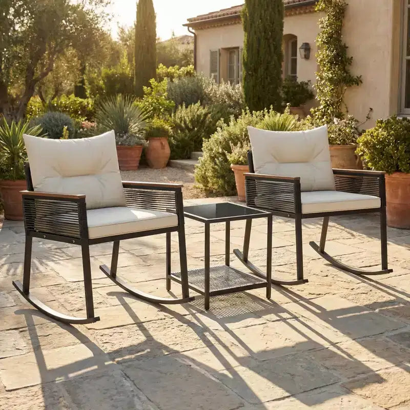 Gymax Ensemble de bistrot basculant d'extérieur 3 pièces avec table basse en verre trempé à 2 niveaux et coussins pour patio et jardin