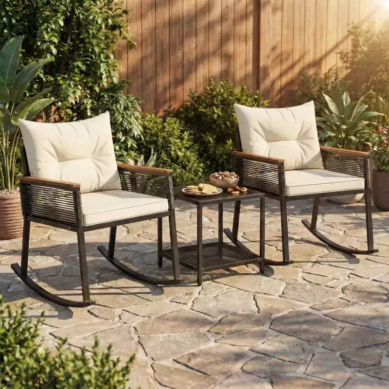 Gymax Ensemble de bistrot basculant d'extérieur 3 pièces avec table basse en verre trempé à 2 niveaux et coussins pour patio et jardin