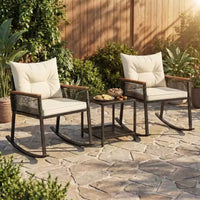Gymax Ensemble de bistrot basculant d'extérieur 3 pièces avec table basse en verre trempé à 2 niveaux et coussins pour patio et jardin