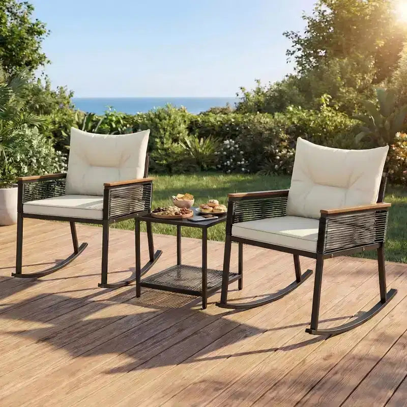 Gymax Ensemble de bistrot basculant d'extérieur 3 pièces avec table basse en verre trempé à 2 niveaux et coussins pour patio et jardin
