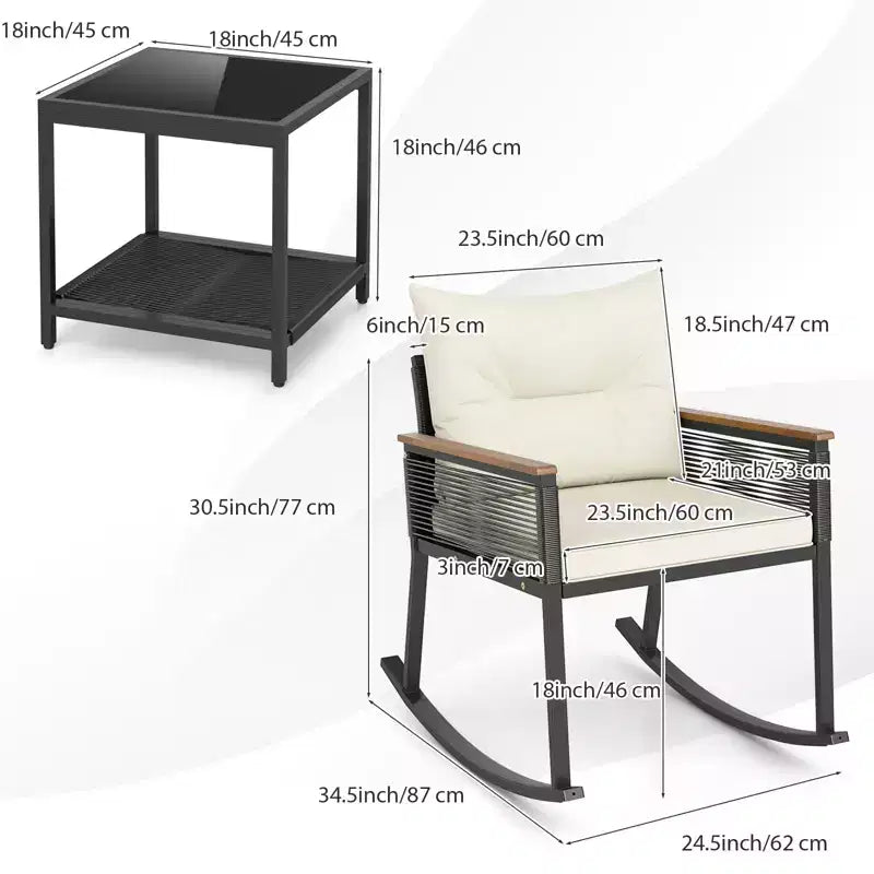 Gymax Ensemble de bistrot basculant d'extérieur 3 pièces avec table basse en verre trempé à 2 niveaux et coussins pour patio et jardin