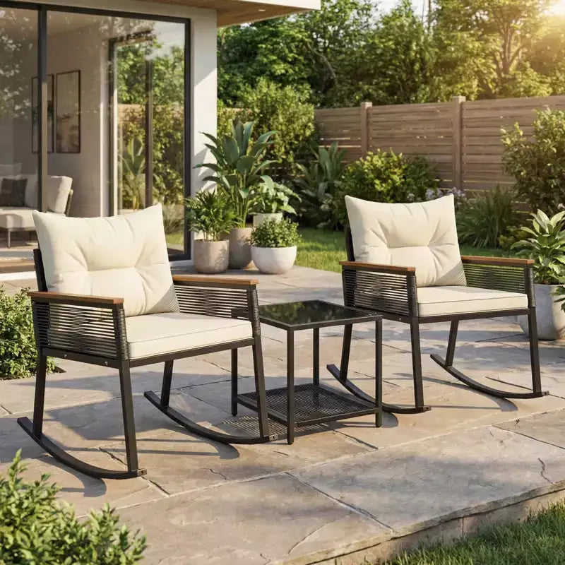 Gymax Ensemble de bistrot basculant d'extérieur 3 pièces avec table basse en verre trempé à 2 niveaux et coussins pour patio et jardin